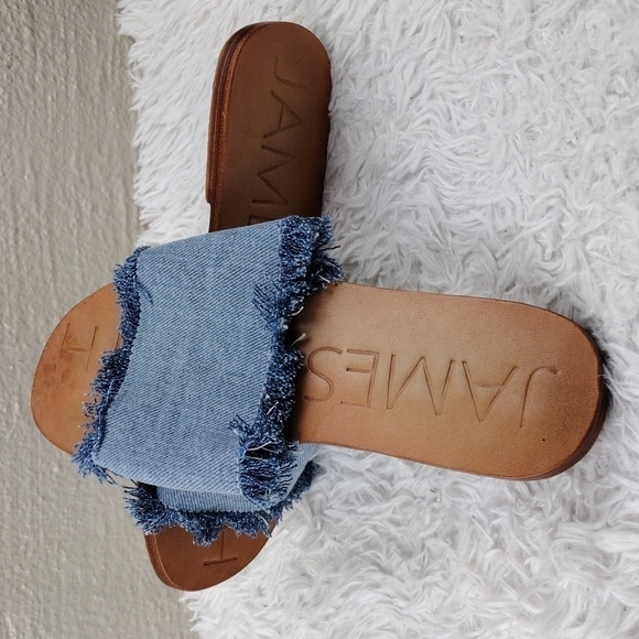 James Smith Blue Leather Fray Denim Fabric Upper Open Toe Slide Flat Sandal Shoe - Picture 15 of 15